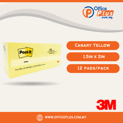 3M Post-it Notes 653-12, Canary Yellow, 38 mm x 50 mm