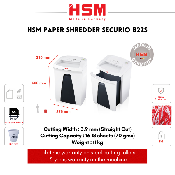 (PRE-ORDER) HSM Securio Strips-Cut Shredder B22S