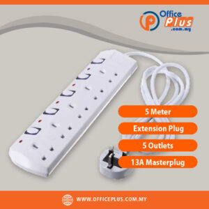 Masterplug 5 Meter Extension Plug with 5 Outlets 13A power strip for office computers, printers and office equipment available at OfficePlus Malaysia - OfficePlus Malaysia Online B2B Office Supplies (Electronics & Technology)
