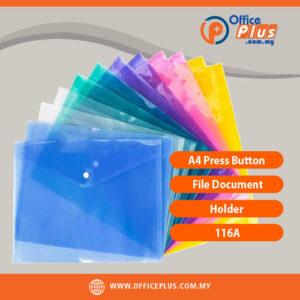 A4 Press Button File 116A transparent snap button document holder available in Red, Yellow, Blue, Green, Clear and Purple for office document filing - OfficePlus Malaysia Online B2B Office Supplies (Filing)