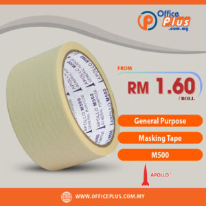 Apollo M500 General Purpose Masking Tape with crepe paper backing for packaging, masking, and office applications in Malaysia - OfficePlus Malaysia Online B2B Office Supplies (Tape & Tape Dispensers)