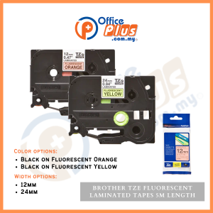 Brother TZe fluorescent laminated label tape range in black on orange and black on yellow for Brother P-touch printers - OfficePlus Wholesale / Bulk Price Office Supplies (Label Printer & Accessories)