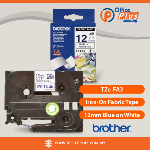 Brother_TZe-FA3_Iron-On_Fabric_Tape_12mm_Blue_on_White - OfficePlus Brother TZe-FA3 12mm iron-on fabric tape blue on white for P-touch label makers - OfficePlus Wholesale / Bulk Price Office Supplies (Label Printer & Accessories)