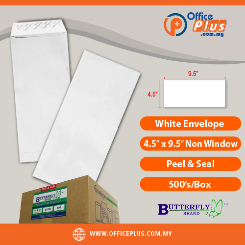 OfficePlus-500x500pxl-27-06-2026 Butterfly white non window envelope 4.5 x 9.5 inch peel and seal 500 pieces per box for bulk business mailing in Malaysia - OfficePlus Malaysia Online B2B Office Supplies (White Envelope)