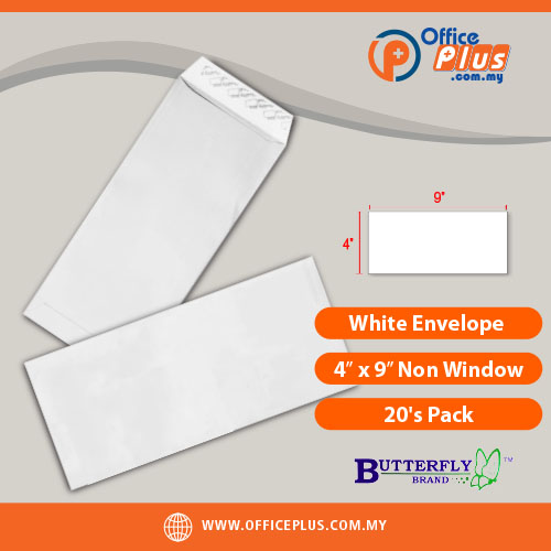 OfficePlus-500x500pxl-27-06-2026 Butterfly White Envelope 4 x 9 Inch Non Window 20 Pack Office Mailing Envelope Malaysia - OfficePlus Malaysia Online B2B Office Supplies (White Envelope)