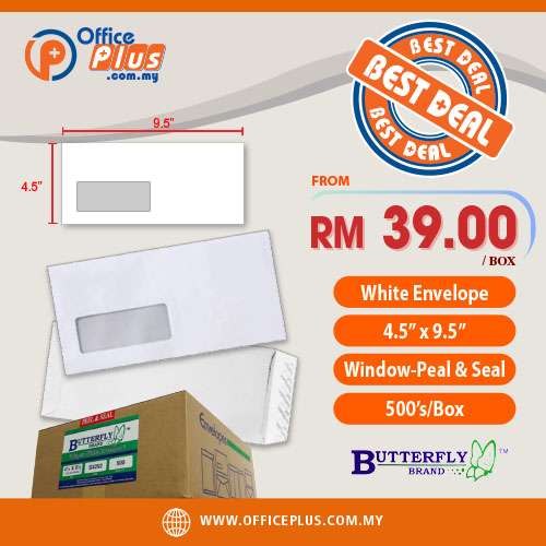 Butterfly_White_Envelope_–_4.5″_x_9.5″_–_Window_–_Peal__Seal_OfficePlus-500x500pxl-28-12-2023 Butterfly White Envelope - 4.5″ x 9.5″ - Window - Peal & Seal - 500’s/Box - Malaysia Online office stationery supply