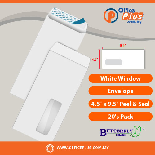 OfficePlus-500x500pxl-27-06-2026 Butterfly White Window Envelope 4.5 x 9.5 inch with peel and seal closure 20 pieces per pack for business mailing in Malaysia - OfficePlus Malaysia Online B2B Office Supplies (White Envelope)