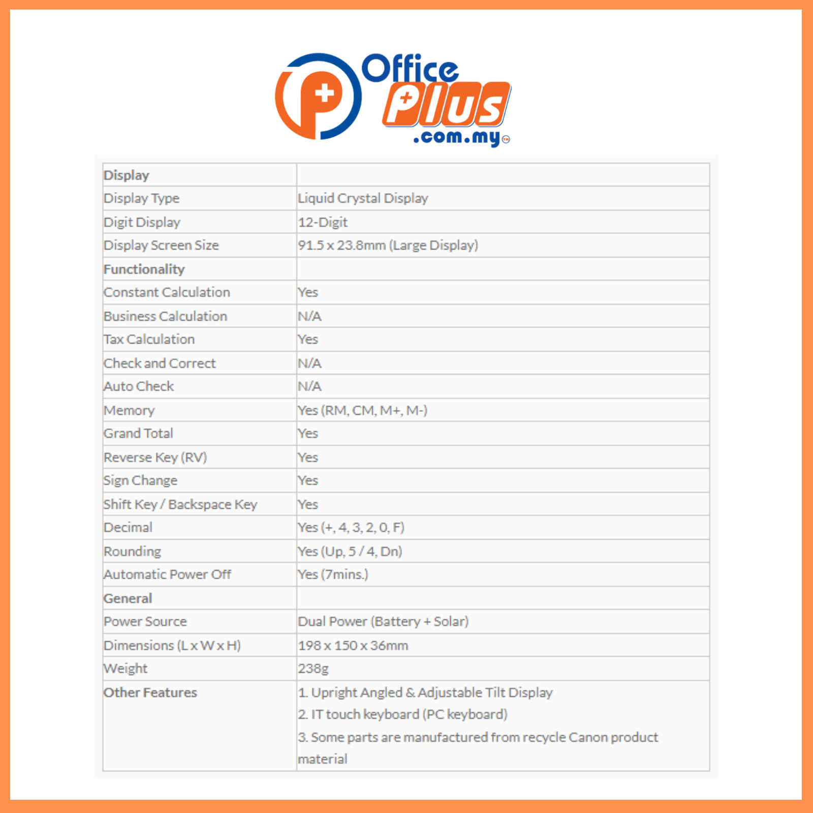 CanonWS-1210HIIIISpec Canon Calculator (WS-1210Hi III) 12 Digit - OfficePlus