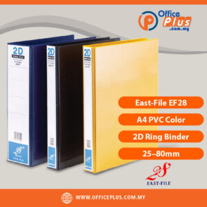East-File EF28 A4 PVC 2D ring binder with color options and multiple spine sizes (25mm to 80mm), showing front, spine, and ring mechanism for office use - OfficePlus Malaysia Online B2B Office Supplies (Filing)