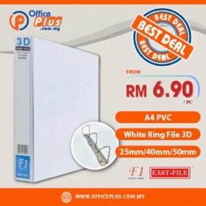 East-File F1 A4 PVC White Ring File with 3D ring mechanism, available in 25mm, 40mm, and 50mm spine capacity - OfficePlus Wholesale / Bulk Price Office Supplies (Filing)