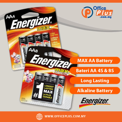 Energizer MAX AA alkaline battery 4 pack and 8 pack for office devices, remotes, clocks and electronics in Malaysia - OfficePlus Malaysia Online B2B Office Supplies (Batteries)