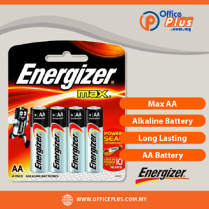Energizer Max AA alkaline battery long-lasting power for office devices, remotes, clocks and electronics in Malaysia - OfficePlus Malaysia Online B2B Office Supplies (Batteries)