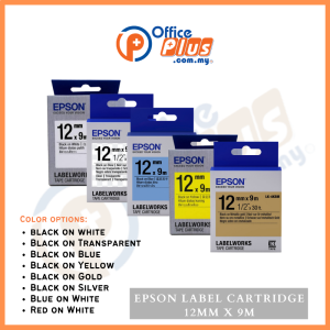 Epson LabelWorks tape 12mm x 9m label cartridge in black, red, blue, yellow, transparent, silver and gold variants - OfficePlus Wholesale / Bulk Price Office Supplies (Label Printer & Accessories)
