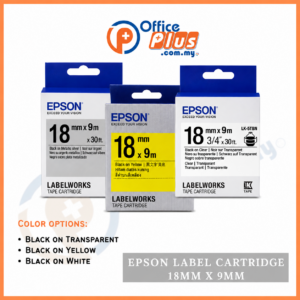 Epson LK-5 series LabelWorks tape 18mm x 9m black text on transparent, yellow, and white background variants - OfficePlus Wholesale / Bulk Price Office Supplies (Label Printer & Accessories)