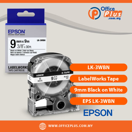 Epson LK-3WBN Genuine LabelWorks Tape Cartridge 9mm Black Text on White Background - OfficePlus Wholesale / Bulk Price Office Supplies (Label Printer & Accessories)