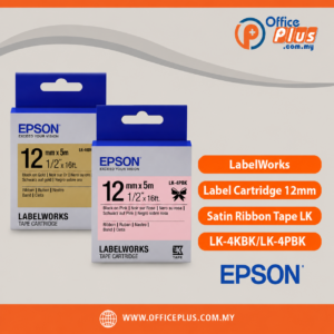 Epson LabelWorks LK-4KBK black-on-gold and LK-4PBK black-on-pink 12mm satin ribbon tape cartridges, 5-metre length, for handheld label printers - OfficePlus Wholesale / Bulk Price Office Supplies (Label Printer & Accessories)
