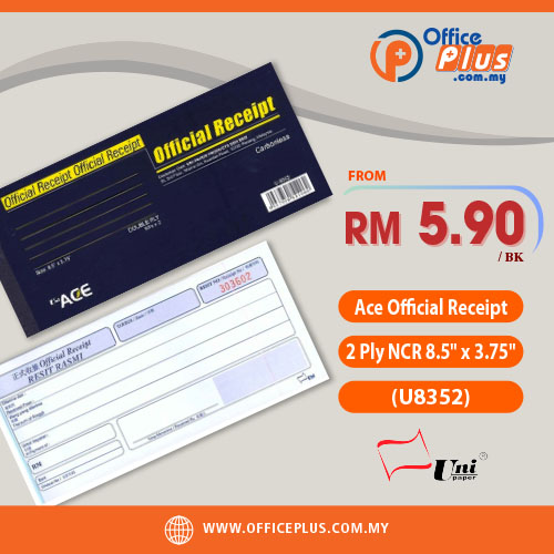 OfficePlus-500x500pxl-28-12-2023 UNI Ace Official Receipt 2 Ply NCR 8.5" x 3.75" U8352 - OfficePlus