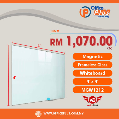 OfficePlus-500x500pxl-28-12-2023 WriteBest Magnetic Frameless Glass Whiteboard 4x4 MGW1212