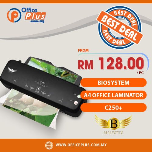 OfficePlus-500x500pxl-28-12-2023 BIOSYSTEM A4 Office Laminator C250+ 2-roller thermal laminating machine for office use, 216mm entry width, compact design for Malaysia offices - OfficePlus Malaysia Online B2B Office Supplies (Laminating Machine)