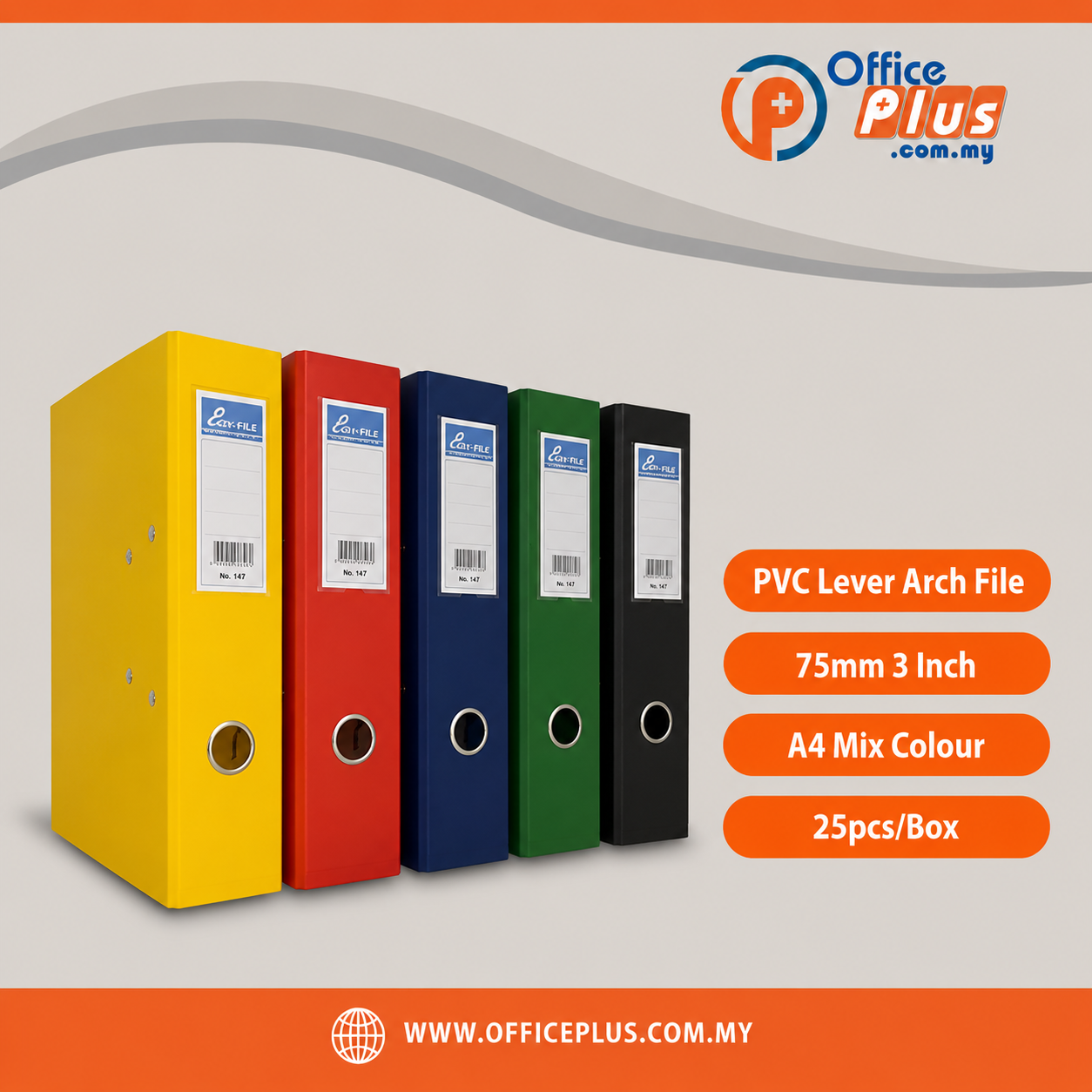 PVC Lever Arch File A4 75mm 3 inch mix colour with PVC cover, metal finger ring and rado slots for office document filing - OfficePlus Wholesale / Bulk Price Office Supplies (Filing)